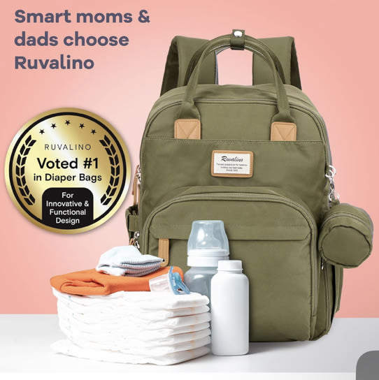 RUVALINO Diaper Bag Backpack-Multifunction Travel Baby Diaper Bag with Changing Pad, Insulated Bottle Holders & Pacifier Case, Large Capacity, Waterproof, Gray(Military Green) - RUVALINO