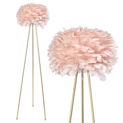 Maxax Feather Floor Lamp, Tripod Floor Lamp with Pink Feather Shade, Standing Light for Bedrooms/Dining Room/Living Room/Kitchen,Gold Classic