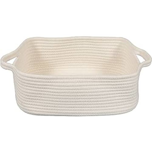 Woven Cotton Rope Storage Basket with Handles for Organizing Shelves Closet Small Cat Dog Pet Toy Basket Box Bin Decorative Rectangle Baby Nursery basket Gift basket Empty(white)