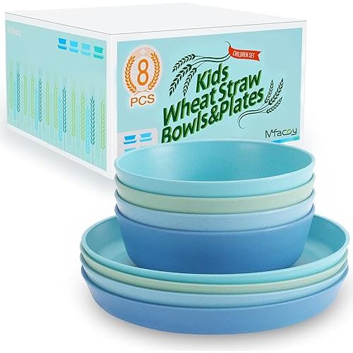 Mfacoy Wheat Straw Kids Plates and Bowls Set, Unbreakable Kids Dinnerware Set - 4 Pcs 7.75" Dinner Plates & 4 Pcs 18 oz Cereal Bowls, BPA Free, Microwave & Dishwasher Safe, Reusable Childrens Dishes
