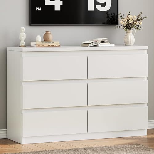Modern White 6 Drawer Dresser - Simply Chest of Drawers for Bedroom, Closet, Living Room, Hallway, Entryway, Wood Storage Double Dresser with Smooth Metal Rails - White