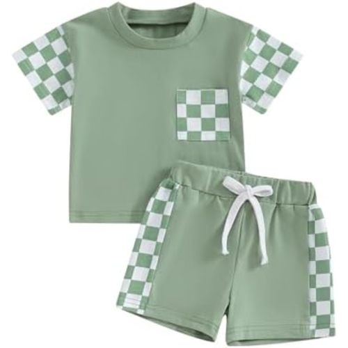 Sejardin Toddler Baby Boy Summer Clothes Plaid Patchwork Short Sleeve T Shirt Tops and Stretch Shorts Infant Boy Outfit