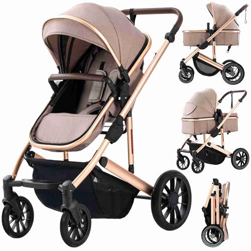 Baby Stroller Newborns and up 2-in-1 with Bassinet Mode - Infant Newborn Toddler Pram Convertible Stroller - Foldable Standard Baby Strollers for 0-36 Months Old Babies (Khaki)