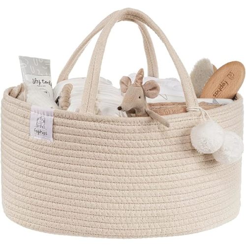 fephas Baby Diaper Caddy Organizer- Rope Nursery Storage Bin- Portable Diaper Storage Basket for Changing Table and Car- Perfect Baby Shower & Registry Gift (Vintage Rose) - Beige