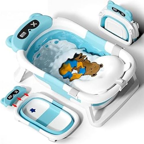 AVIDOR Baby Bathtub,Collapsible Bathtub for Newborn to Toddler,Durable Essential Infant Bath Tub,Portable Travel Baby Bathtub with Soft Cushion,No-Slip Hanging and Detachable Bathtub(Blue)