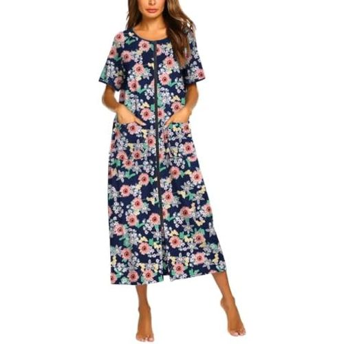 Ekouaer Women Robes Zipper Front Short Sleeve Full Length Housecoat with Pockets Loungewear S-4XL