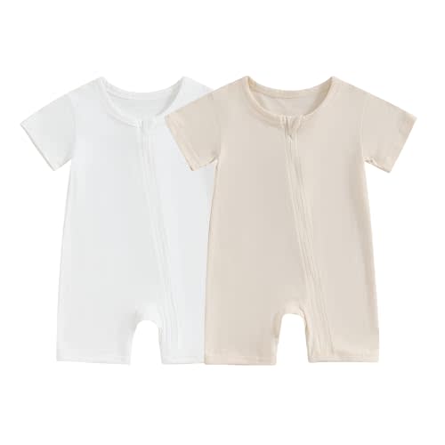 Merqwadd Baby Boy Girl 2 Pack Romper Short Sleeve Zipper Jumpsuit Plain Summer Clothes