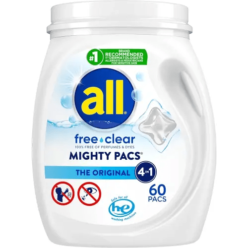 All Mighty Pacs Laundry Detergent, Free Clear for Sensitive Skin, Tub, 60 Count