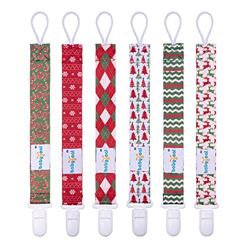 Babygoal Christmas Pacifier Clips, 6 Pack Binky Paci Holder and Leash for Boys and Girls Fits for Most Pacifier, Binkie Styles & Baby Teethers & Toys and Xmas Gift 6PB19