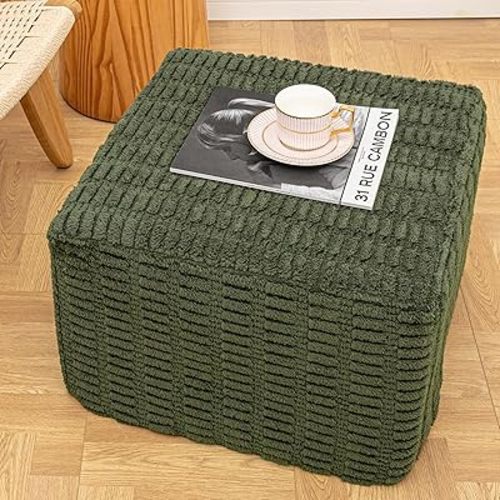 Poofieotto 20x20x14 Inches Fluffy Square Pouf Ottoman - Plush Furry Ottoman Foot Rest Stool with High-Density Foam, Versatile Floor Seating for Living Room (Green)