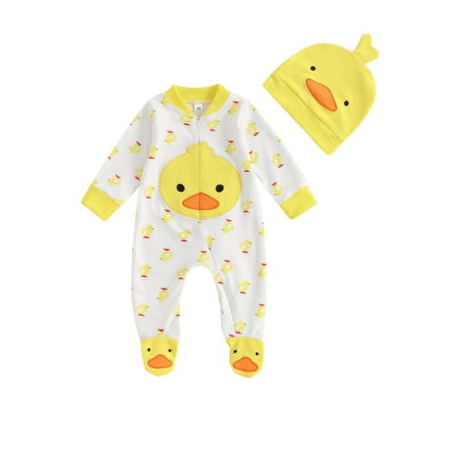 Nygoyerh Newborn Girls Boy Duck Outfit Long Sleeve Full Length Footed Jumpsuit + Duck Hat 2PCS Set Fall Cute Infant Clothing for 0M-6M
