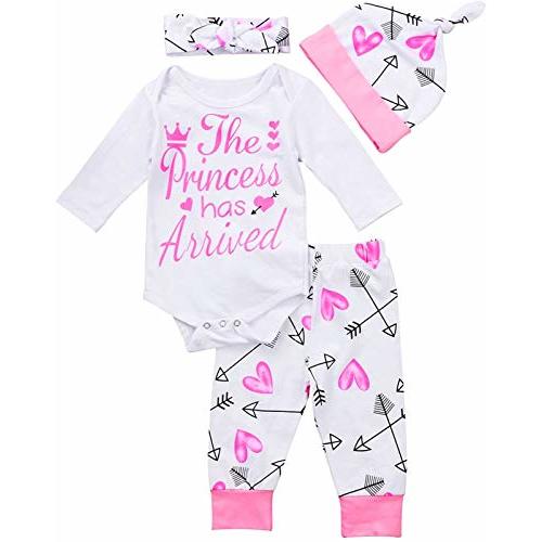 FOCUSNORM 4 pcs Baby Girls Pants Set Newborn Infant Toddler Letter Romper Arrow Heart Pants Hats Headband Clothes Pink