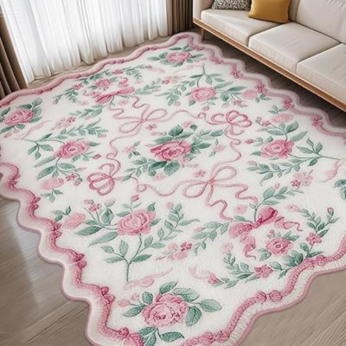 Vintage Bow Boho Area Rugs 4 x 6 ft Cute Sweet Throw Rugs Pink Aesthetic Soft Bedroom Carpet for Living Room Dining Playroom Nursery Family Indoor Dorm