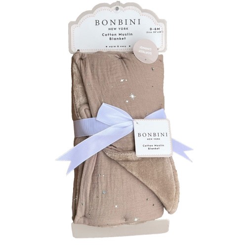BONBINI Cotton Muslin Baby Blanket Reversible Soft Plush Taupe Gold Stars New