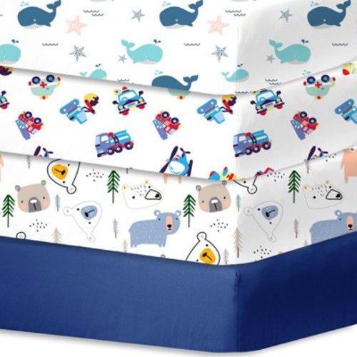 Little Grape Land Crib Sheets for Baby Boys 4 Pack, 28"x 52" Extra Soft Microfiber Crib Sheet Set for Standard Crib & Toddler Mattress Pad, Whale & Toy & Little Bear & Navy Blue