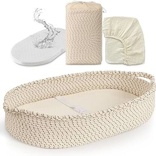 UBBCARE Baby Changing Basket, Cotton Rope Moses Basket for Newborn, Foam Pad Changing Basket with Waterproof Cover, Unisex Changing Table Topper for Dresser - Beige