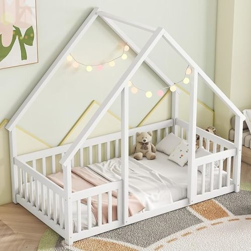 Bellemave Twin Floor Bed for Kids, Girls, Boys, Wood House Bed Frame, House Floor Bed for Kids, Twin Size Montessori Floor Bed with Fence, Playhouse for Kids, White - White With Roof