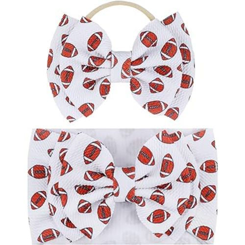 YanJie Hairband, Football Sports Printed Handmade Hairbands for Baby Girls Infant - 2 Pack, Nylon Game Day Hair Bow Headbands, Super Soft Breathable, Ideal for Football Season, Photography