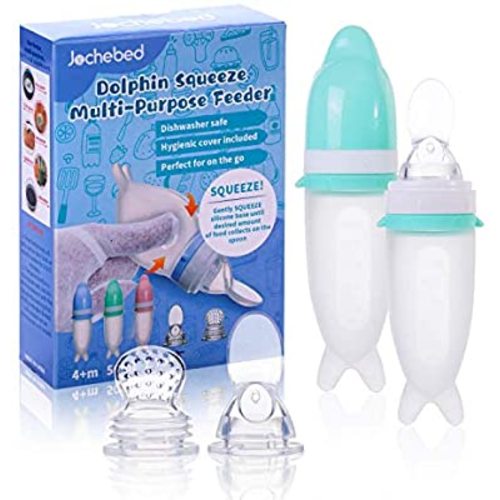 Baby Food Squeeze Spoon Feeder - Fresh Fruit Feeder Pacifier Dolphin Shape, Silicone Infant Bottle Dispensing Spoon Feeding Dolphin with Dust Cover, Toddlers Teething Toy 2-Pieces (Cyan)