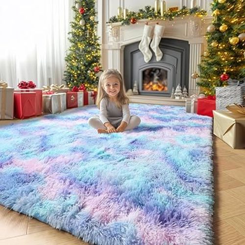 Amdrebio Purple Rainbow Rugs for Bedroom Girls Room Decor, Soft Fluffy Cute Area Rug 4x6 for Kids Room Playroom Nursery Dorm, Mermaid Stitch Frozen Fuzzy Carpet, Plush Kawaii Furry Baby Toddler Rug