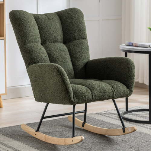 RONSHIN Rocking Chair For Nursery Wingback Glider Rocker With Safe Solid Wood Base Soft Teddy Fabric Rocking Chair For Living Room Bedroom
