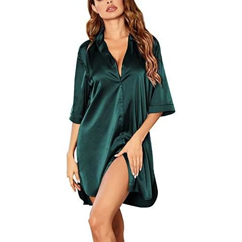 Ekouaer Women's Satin Nightshirt Button Down Sleepshirt Silk 3/4 Sleeve Nightgown Boyfriend Notch Collar Sleepwear S-3XL