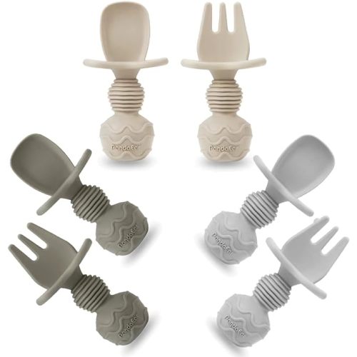 PandaEar 6 Pack Silicone Baby Spoons and Fork Feeding Set- Anti-Choke First Self Feeding Utensils for Baby Led Weaning Ages 3 Months