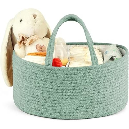 Maliton Diaper Caddy Organizer for Baby, Portable Diaper Storage Organizer for Changing Table and Car, Cotton Rope Nursery Storage Bin Basket for Baby Shower, Newborn Essentials Must Haves - Green