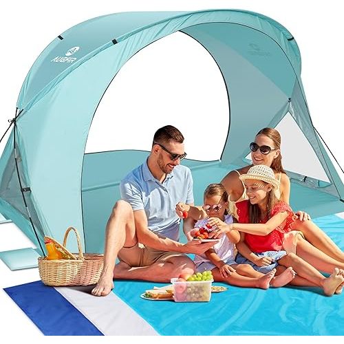 Beach Tent Sun Shelter, Beach Tent with Beach Mat Set, 4 Person Portable Beach Shade Canopy with UPF 50+ UV Protection, Dual-Door Ventilation Design, Easy Setup Family Beach Umbrella (Green)