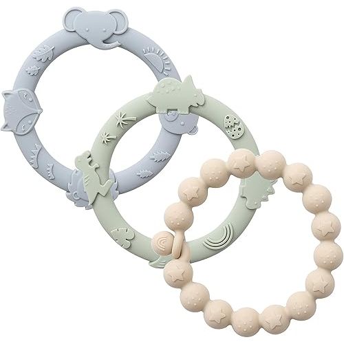 YIVEKO Baby Teether Rings Silicone Teethers for Babies Multi Use Baby Toy Rings Teething Toys for Infants Baby Chew Toys Baby Teething Rings for Infant Boys and Girls 3 Pack-Baby Blue