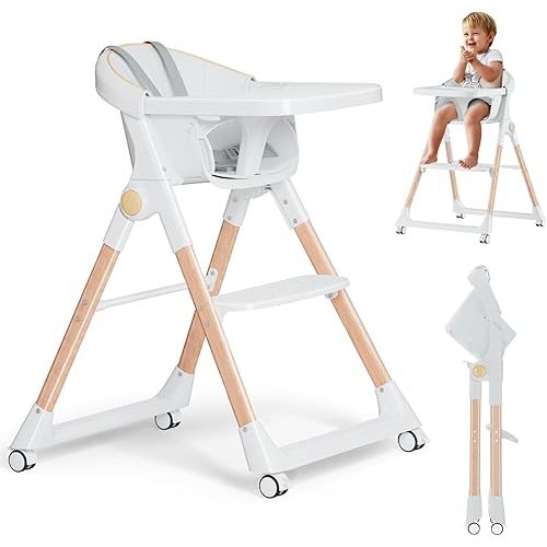 Baby High Chair, High Chairs for Babies and Toddlers, Convertible Folding High Chair with Wheels, Removable Tray 5 Point Harness Footrest Detachable PU Cushion, Portable Highchair for Baby Toddlers