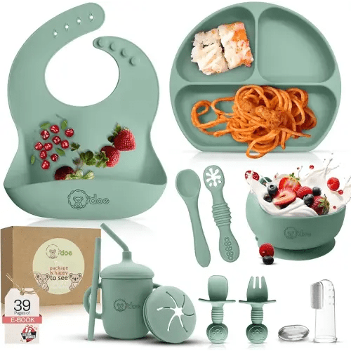 O'doe 11-Piece BPA-Free Silicone Baby Feeding Set | Thick & Soft Suction Plates, Baby Bowls, Wooden Fork & Spoon, and More | Make Mealtime Fun and Easy for Your Little One (Green, V1)