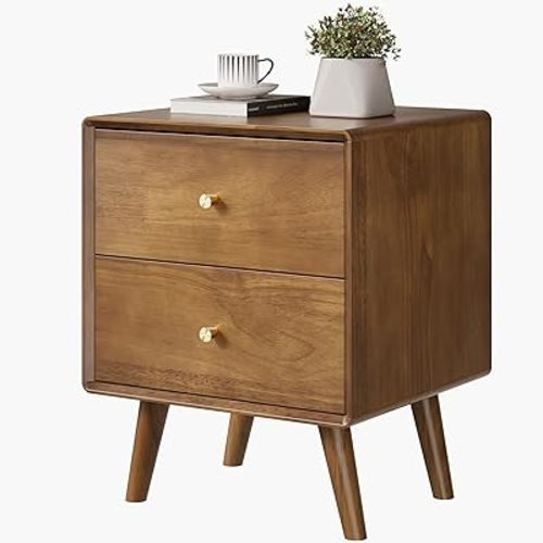 Mid Century Modern Nightstand, Walnut Solid Rubberwood Night Stand with 2 Drawers, Beside Table Side Table for Bedroom