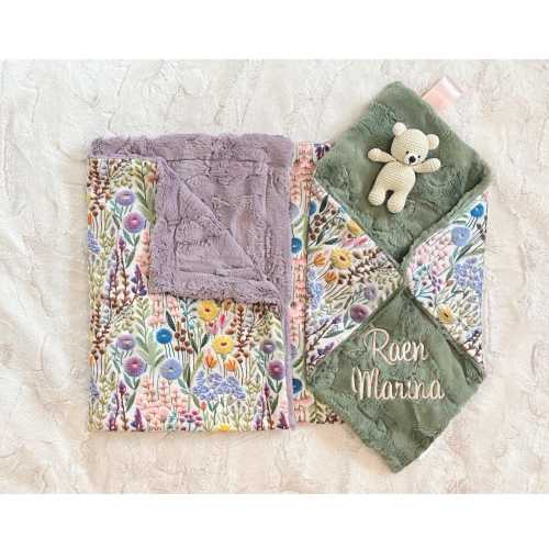 Minky Lovey, Baby Blanket, Child Blanket in Faux Embroidery Wildflower design.  Personalized Baby Gift, Handmade