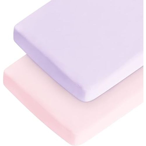 Crib Sheets Girl, Baby Crib Sheets for Standard Crib Mattress & Toddler Bed Mattress, Snug Fit Breathable Soft Fitted Crib Sheet (28''x 52''x 8''), Crib Sheets for Baby Girl 2 Pack Pink & Violet