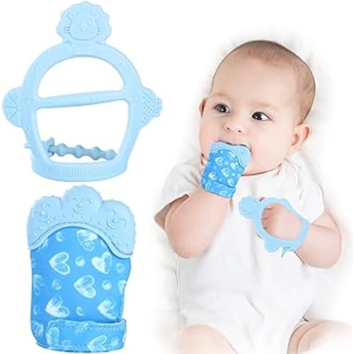 Vicloon Silicone Teething Mitt, 2Pcs Baby Teething Mitten with Adjustable Strap, Crinkle Sound and Textured, Self Soothing Baby Chew Toys for 0-6month Infants