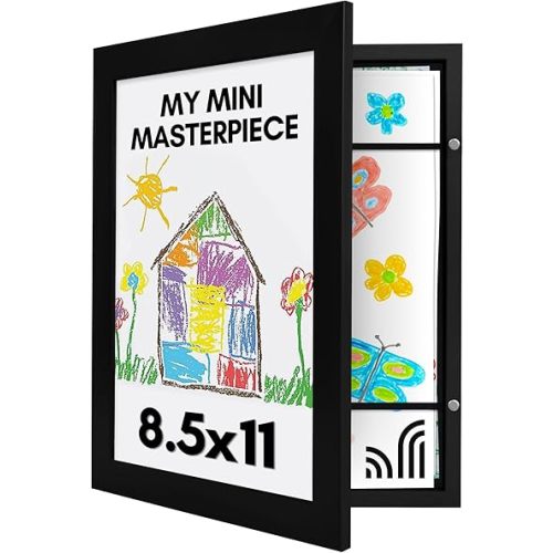 Americanflat 10x12.5 Kids Art Frame - Front Loading Picture Frame Holds 100 Artworks - Use as 8.5x11 Frame with Mat - My Mini Masterpiece - Hanging Hardware and Built-in Easel Included - Black