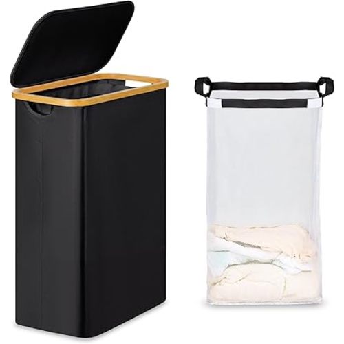 efluky Slim Laundry Basket with Lid, Narrow Laundry Hamper with Removable Bag, Skinny Dirty Clothes Basket with Bamboo Handles for Bathroom, Bedroom & Laundry Room, 65L Black