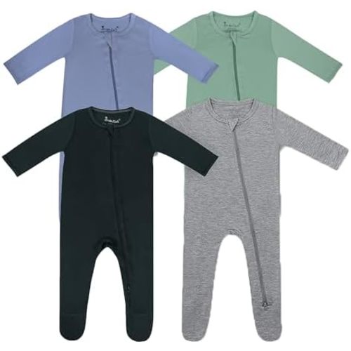 Jimonda Baby Boy Romper 4-Pack - Bamboo Zip-Up Pajamas for 0-24 Months,Unisex Footed Sleepers,Ultra-Soft Stretchy Fabric
