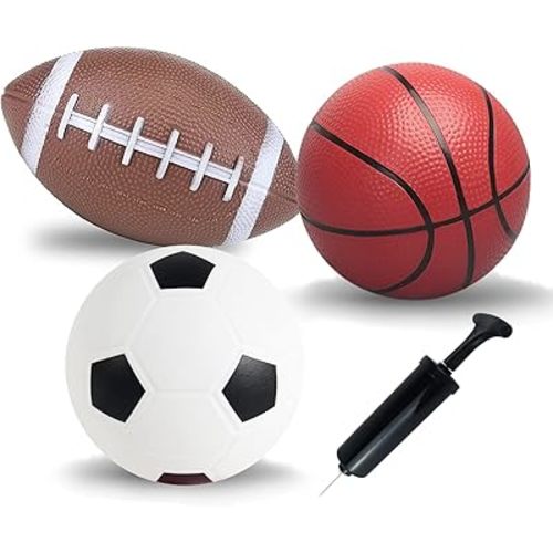 Soccer Basketball Football Small Sports Bouncy Balls with Hand Pump for Kids and Toddlers - (Pack of 3) 6-Inch Diameter Rubber Sport Ball Set for Fun Outdoors and Backyard Play