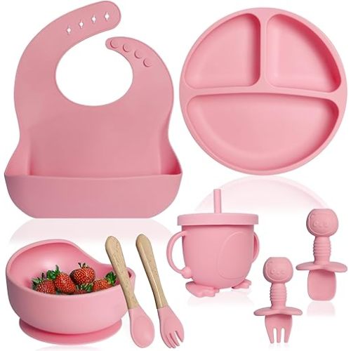 Bluet B- Silicone Baby Feeding Set - Baby Led Weaning Supplies - Baby Spoons, Suction Bowl - Plate - Baby Utensils Set - Silicone Feeding Set for Baby First Foods, Infant Eating - 8pcs - Pink