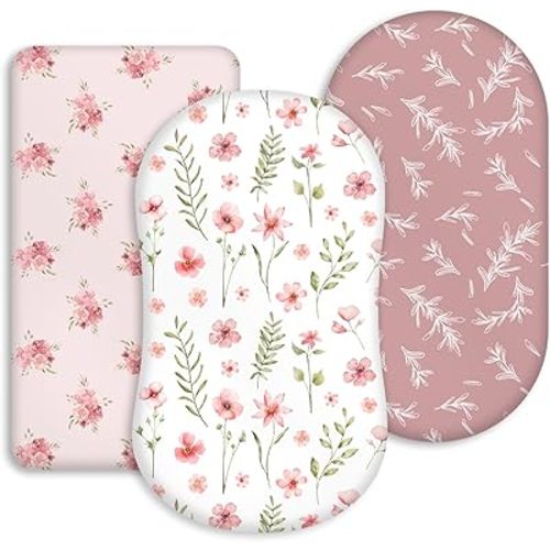 Floral Bassinet Sheets Girl 3 Pack, Breathable Cozy Fitted Mattress Sheet, Elastic Travel Bassinet Fashionable Pink Floral Pattern, Standard Cradle Safe Sheets for Baby Boy Girls 33"X17"