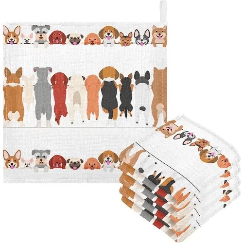 Dog Faces Baby Muslin Washcloths 5 Pack Dog Back Burp Cloth Christmas Shower Gift Soft Absorbent Infant Wipes Fingertip Face Towels for Newborn Boys Girls Kids, 12 x 12 in
