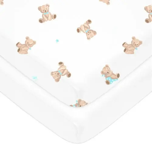 American Baby Company 2 Pack 100% Natural Cotton Fitted Pack and Play Sheets 39" x 27" - Soft & Breathable Pack N Play Sheets for Playard & Mini Crib Mattress, Bear and White, for Boys & Girls