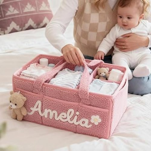 Custom Plush Baby Storage Basket, Personalized Baby Name Diaper Caddy, Storage Basket With Partitions, Nursery Organizer, Large Capacity Foldable Travel Organizer, Newborn Welcome Gift
