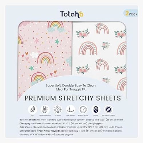 TotAha Pink Rainbow Crib Sheets Girl - Hypoallergenic, Silky Comfort, Buttery Soft, Calming Effect, All-Season Premium Stretchy Jersey-Knit Sheets, 9'' Extra Deep Pocket-2 Pack