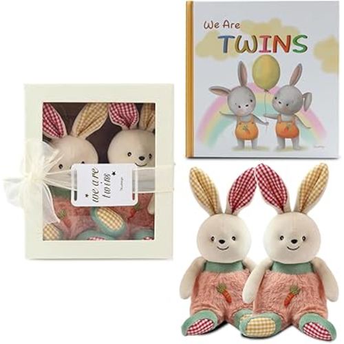 Twins Baby Items Set for Girl and Boy - Plush Rabbit 2-Piece Set and Twin Baby Storybook