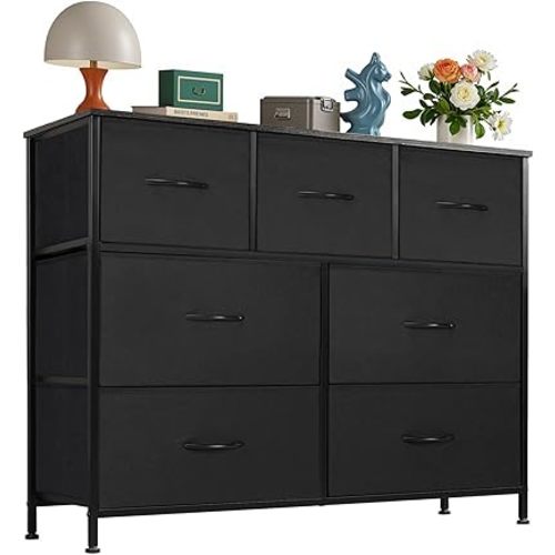 OLIXIS 7 Drawers Dresser for Bedroom, Fabric Storage Tower for Living Room, Entryway - Sturdy Steel Frame, Wooden Top & Easy Pull Fabric Bins, Closet Chests Organizer for Clothes, Black