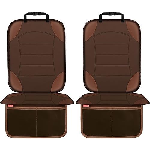Car Seat Protector for Child Car Seat - Waterproof Non-Slip Leather Mat with 2 Mesh Pockets, Universal Seat Cover for Baby, Pets & Vehicles(2-Pack, Brown)