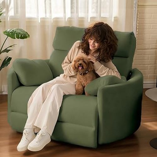 FLEXISPOT Mochi Oversized 54" Power Recliner Chair for Big & Tall, Chenille Fabric Electric Recliner with USB & Type-C Ports, Wide Single Sofa with Pillows for Living Room & Bedroom, Olive Green